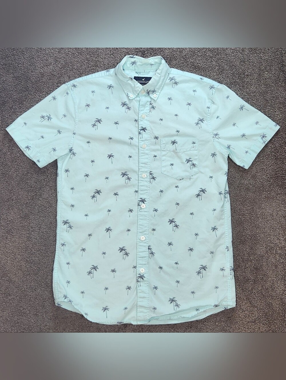 Teal American Eagle Outfitters Short Sleeve Button Up Shirt Palm Trees Print